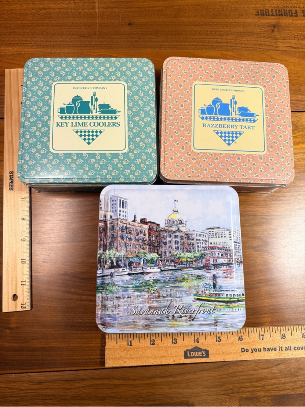 Savannah Georgia Riverfront and Byrd’s Cookie tins (Vintage) Lot of 3 6”x6”
